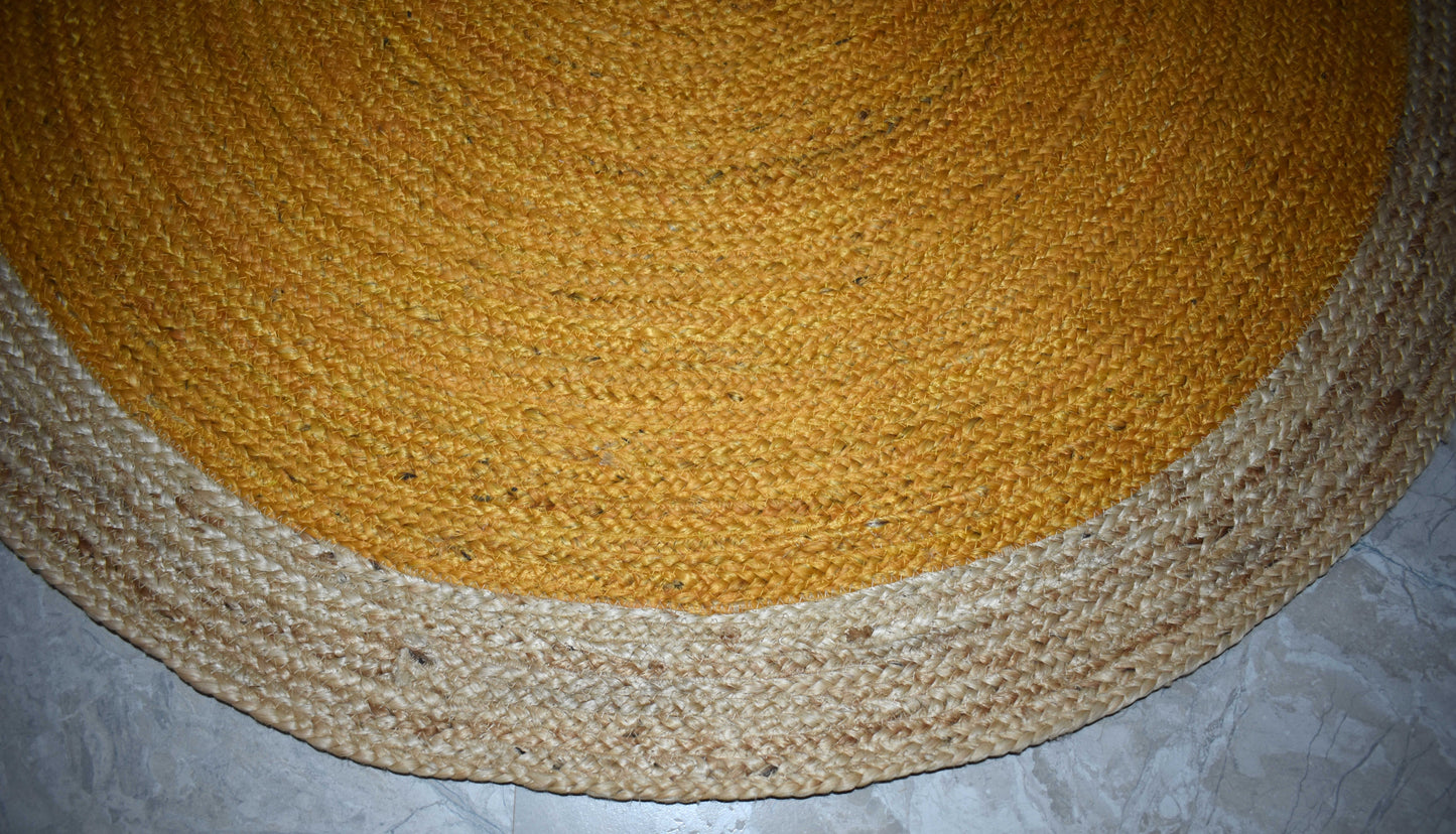 Ripaz Vogue - Rug Round in Jute Hand Braided Rustic Look Area Rug Yellow with Natural Border