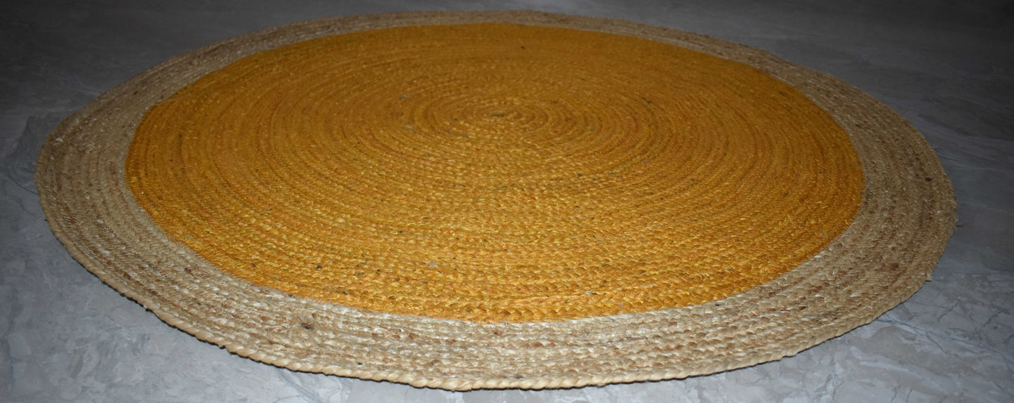 Ripaz Vogue - Rug Round in Jute Hand Braided Rustic Look Area Rug Yellow with Natural Border
