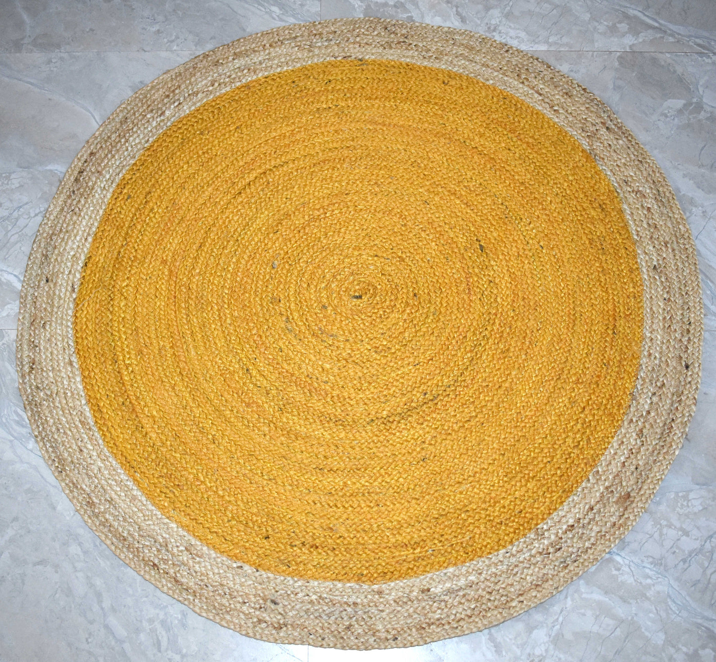Ripaz Vogue - Rug Round in Jute Hand Braided Rustic Look Area Rug Yellow with Natural Border