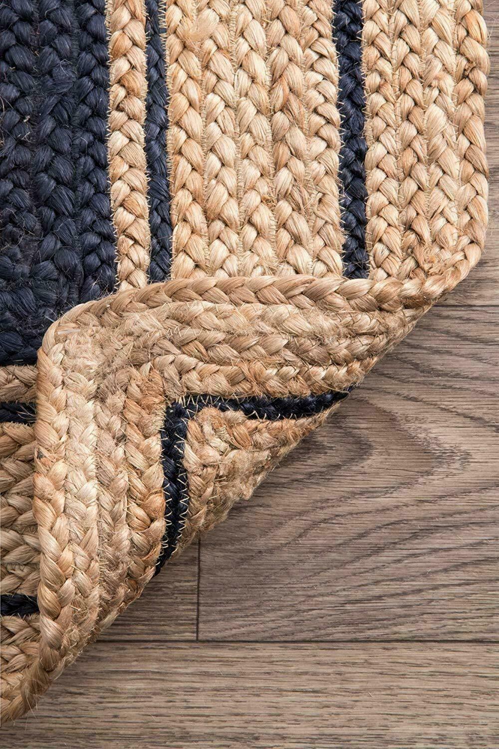 Natural Jute Rug Rectangle Beige With Black Hand Braided Farmhouse Jute Area Rug Eco Friendly Carpet