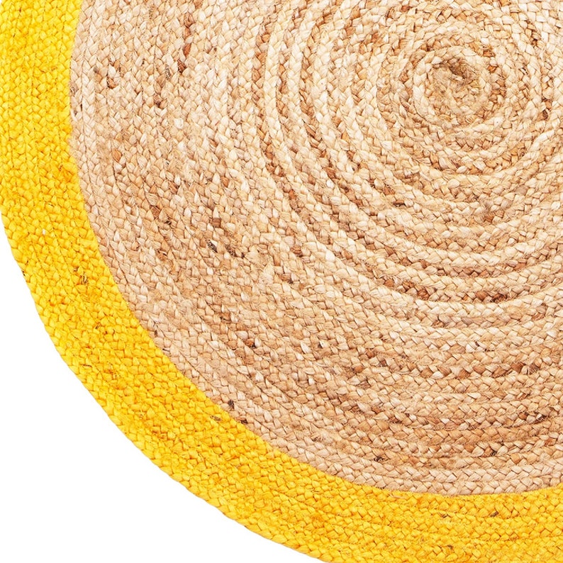 Ripaz Vogue - Rug Round in Jute Hand Braided Rustic Look Rug Beige with Yellow Border
