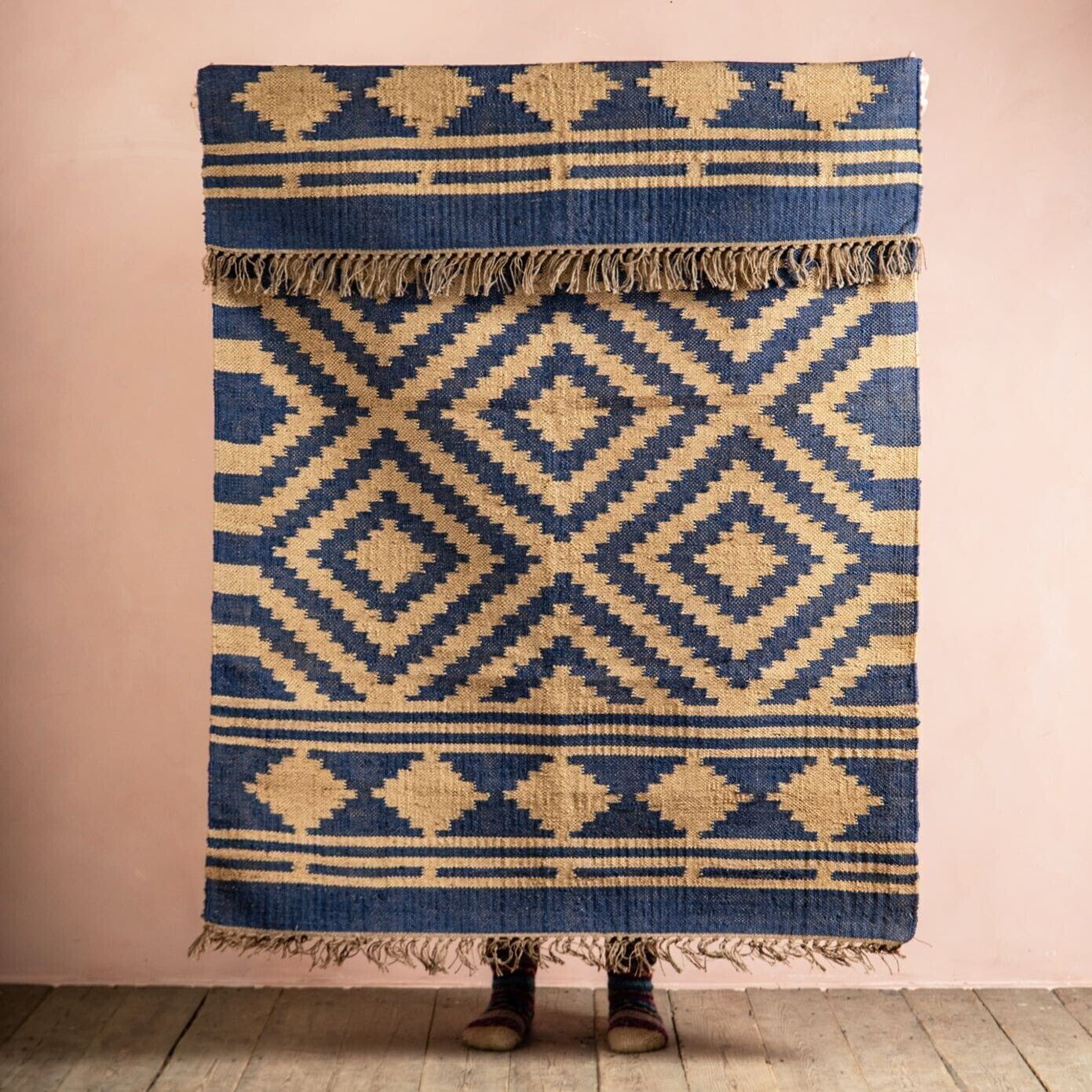 Ripaz Vogue Jute-Teppich, rechteckig, handgeflochten, modernes Design, für Wohnzimmer, Blau und Beige
