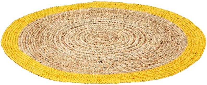 Ripaz Vogue - Rug Round in Jute Hand Braided Rustic Look Rug Beige with Yellow Border