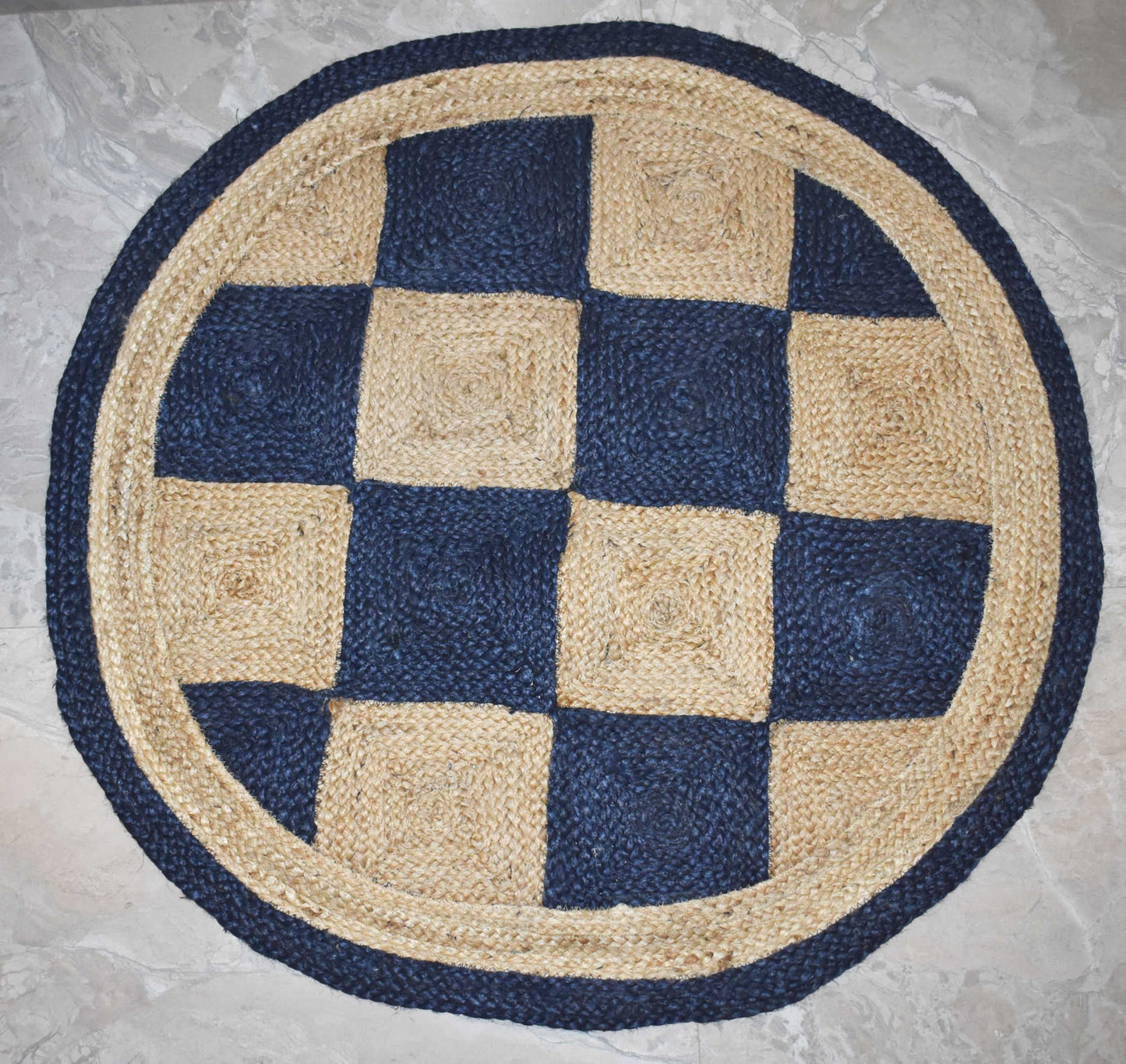 Ripaz Vogue - Floor Carpet 100% Natural Jute Hand Braided Latest Design Area Rug, Round, Beige & Blue