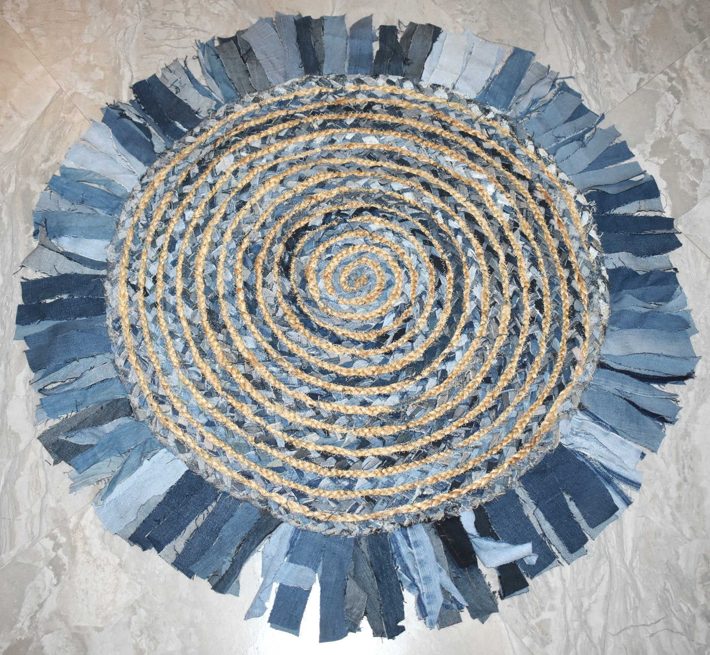 Ripaz Vogue - Floor Carpet Natural Jute & Cotton Denim Hand Braided Latest Design Area Rug, Round, Beige & Blue (Copy)