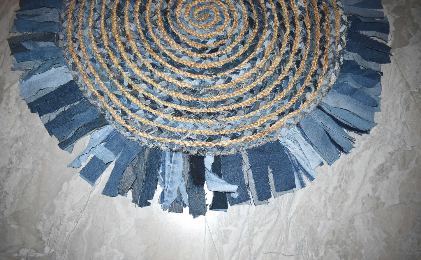 Ripaz Vogue - Floor Carpet Natural Jute & Cotton Denim Hand Braided Latest Design Area Rug, Round, Beige & Blue (Copy)