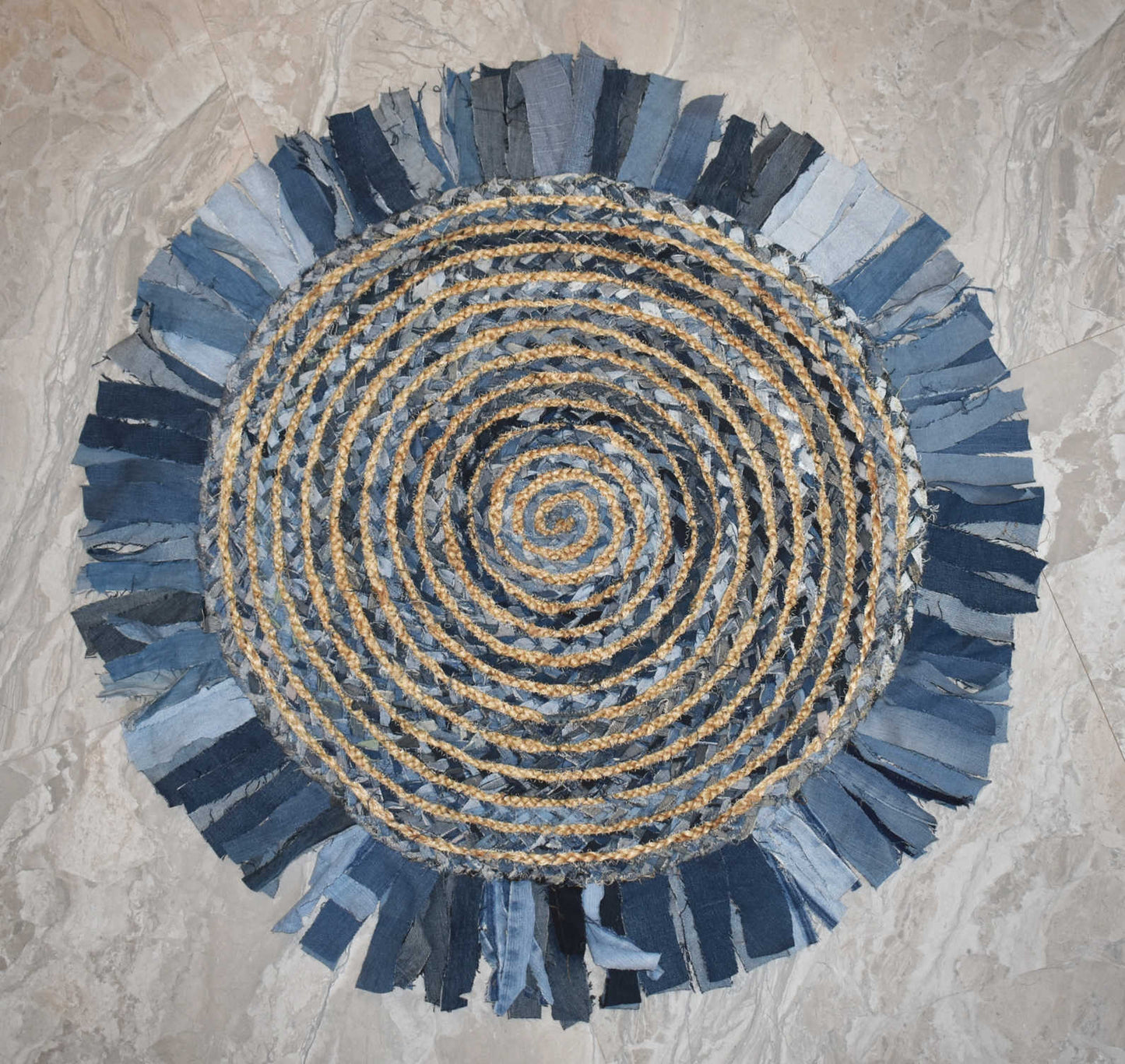 Ripaz Vogue - Floor Carpet Natural Jute & Cotton Denim Hand Braided Latest Design Area Rug, Round, Beige & Blue (Copy)