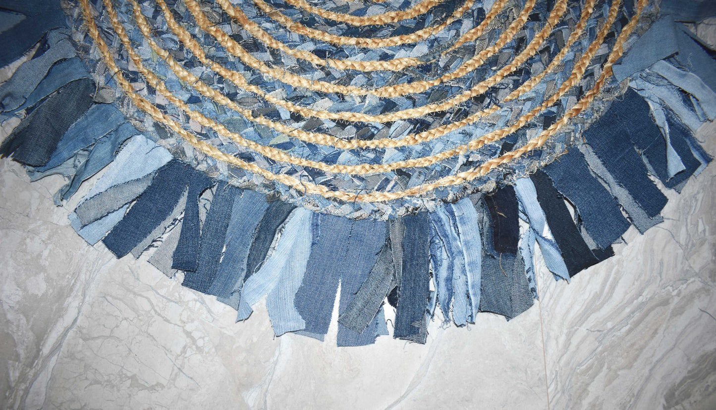 Ripaz Vogue - Floor Carpet Natural Jute & Cotton Denim Hand Braided Latest Design Area Rug, Round, Beige & Blue (Copy)