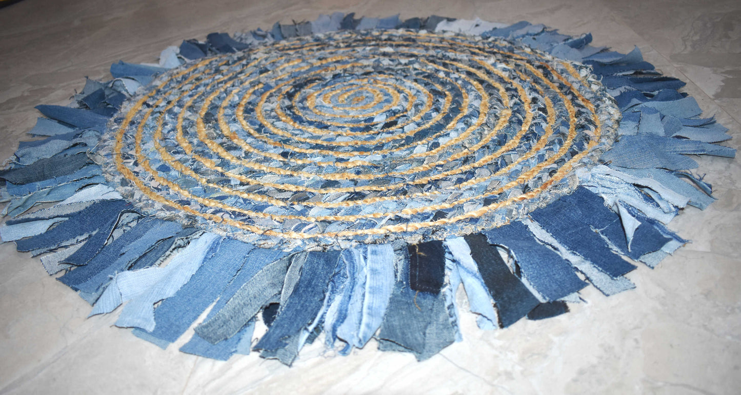 Ripaz Vogue - Floor Carpet Natural Jute & Cotton Denim Hand Braided Latest Design Area Rug, Round, Beige & Blue (Copy)