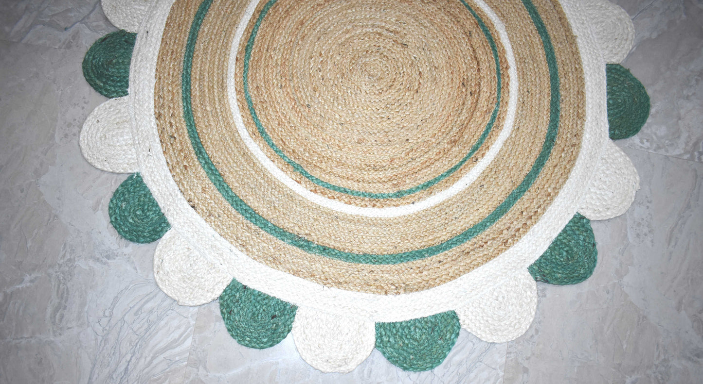 Ripaz Vogue - Floor Carpet 100% Natural Jute Hand Braided Latest Design Area Rug, Scallop Design Round
