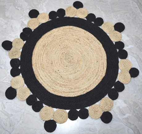 Ripaz Vogue - Rug Round 100% Natural Jute Hand Braided Latest Design Area Rug, Round, Beige & Black