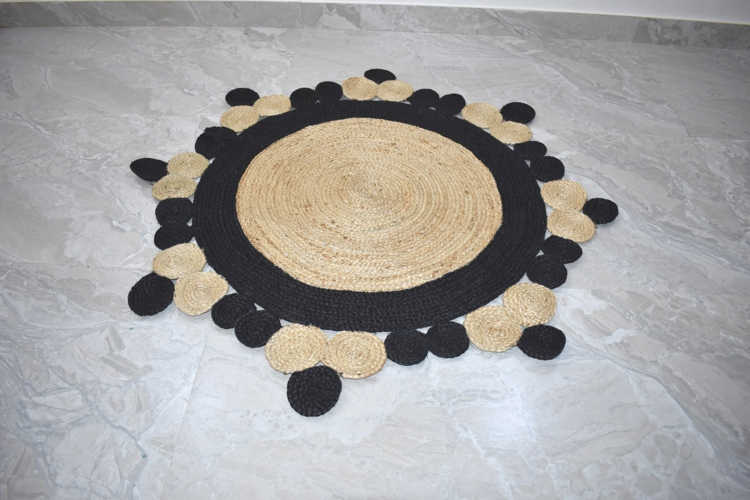 Ripaz Vogue - Rug Round 100% Natural Jute Hand Braided Latest Design Area Rug, Round, Beige & Black