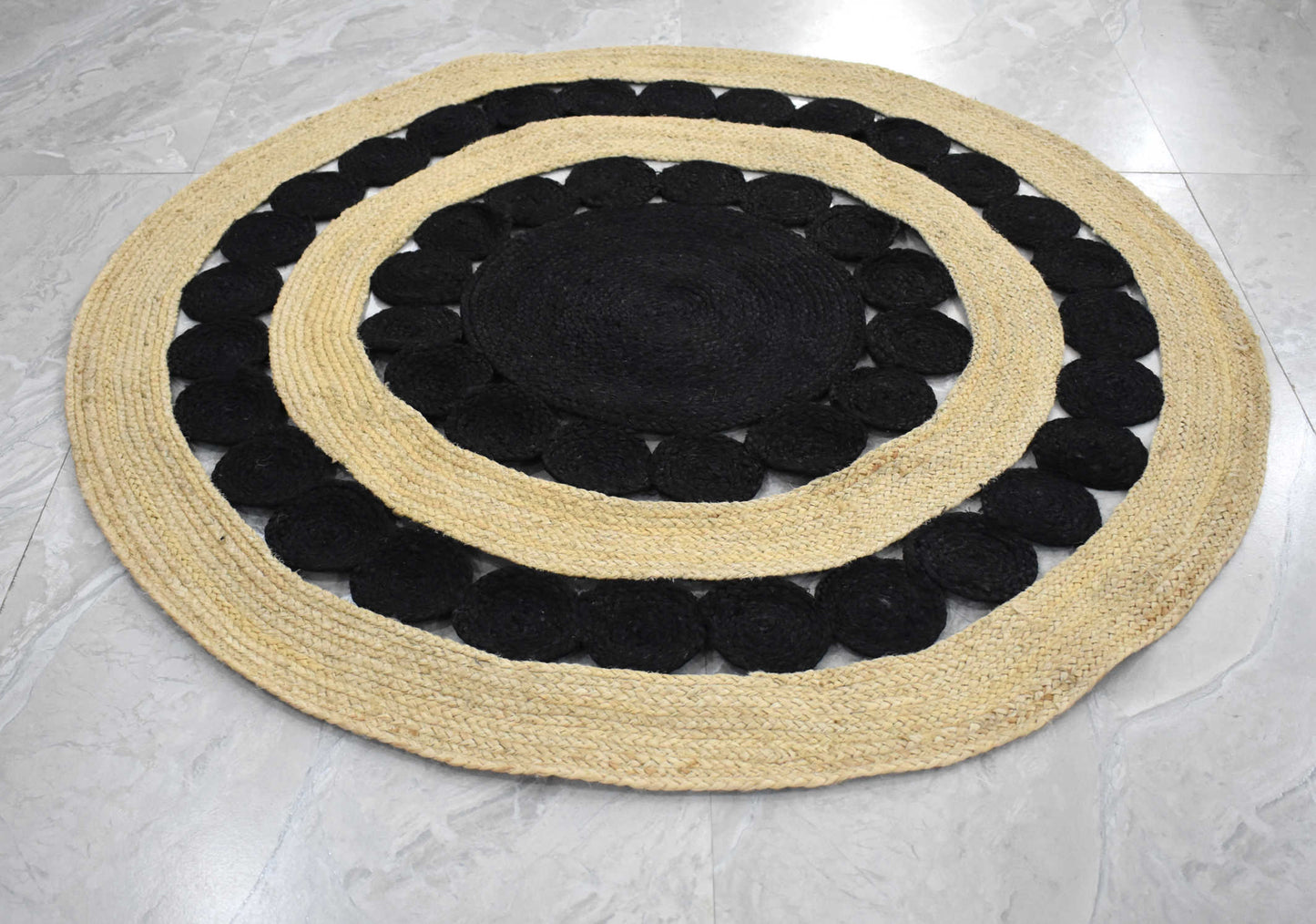 Ripaz Vogue - Floor Carpet Natural Jute Hand Braided Latest Design Area Rug, Round, Beige & Black