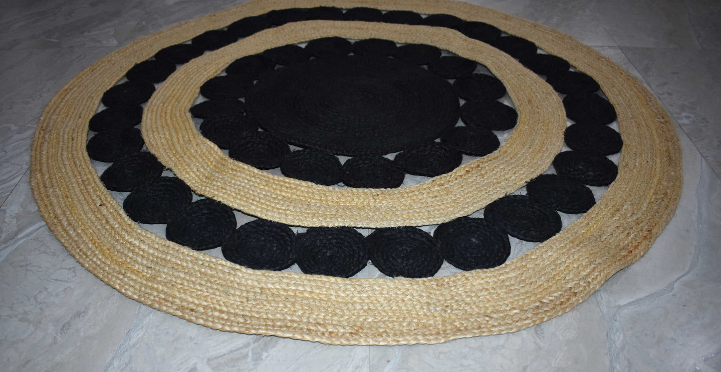 Ripaz Vogue - Floor Carpet Natural Jute Hand Braided Latest Design Area Rug, Round, Beige & Black