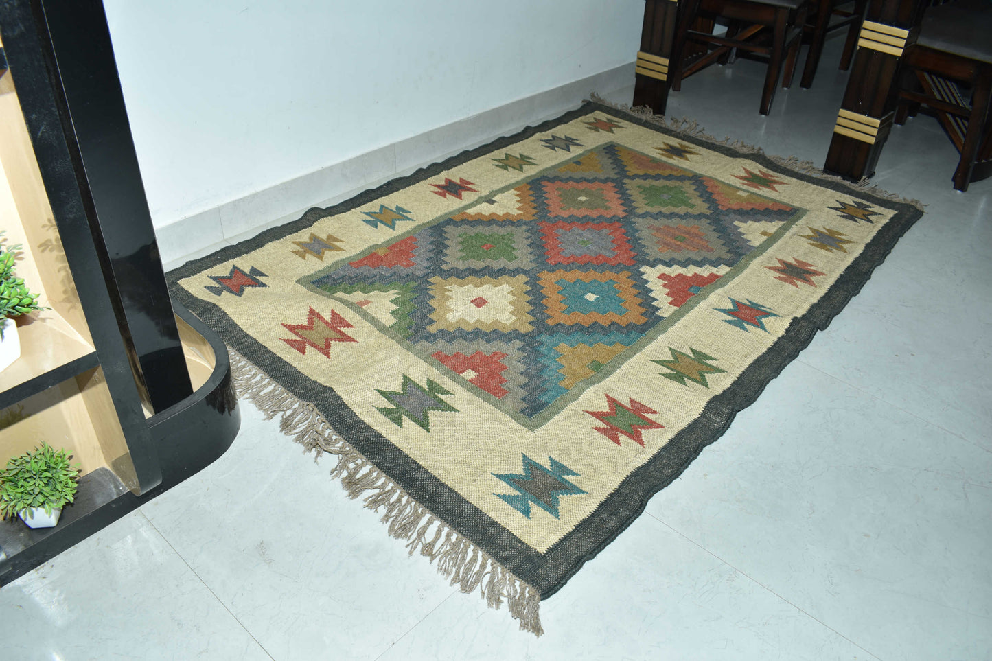 Wool Jute Rug Kilim Traditional Rustic Look Dhurrie Living Room Bedroom Carpet (KLM-09)