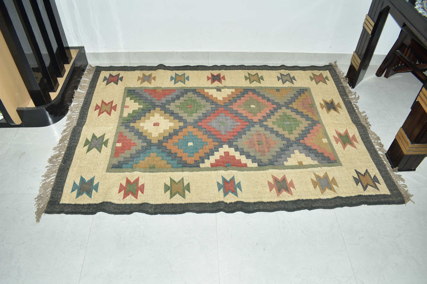 Wool Jute Rug Kilim Traditional Rustic Look Dhurrie Living Room Bedroom Carpet (KLM-09)