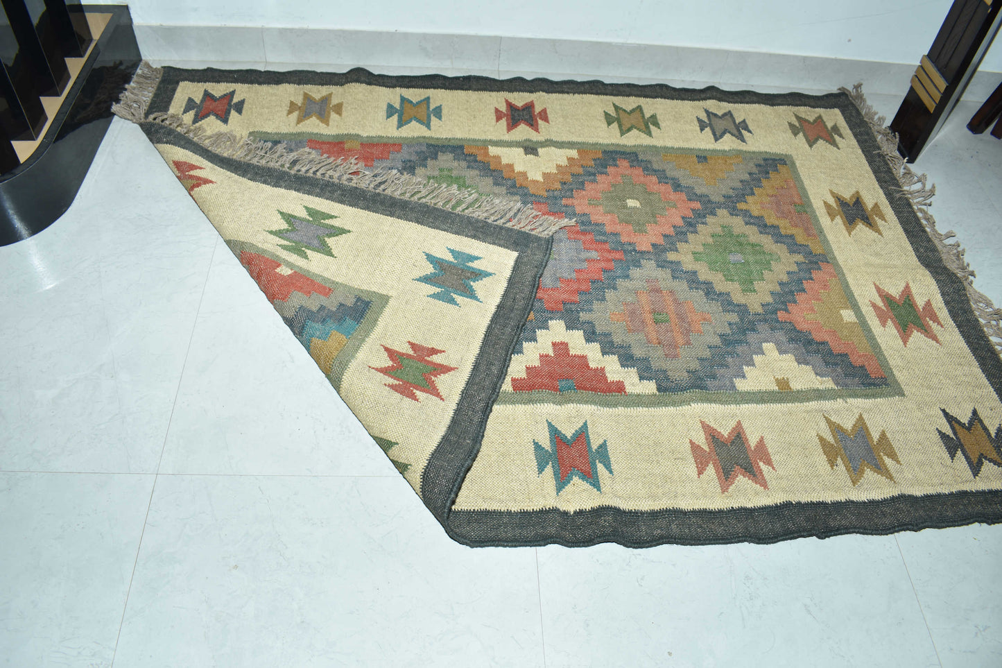 Wool Jute Rug Kilim Traditional Rustic Look Dhurrie Living Room Bedroom Carpet (KLM-09)