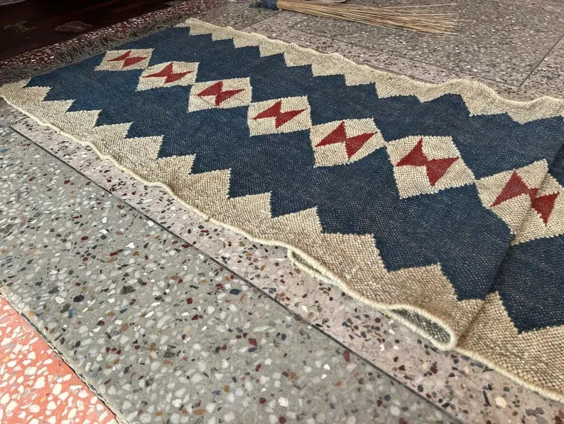 Ripaz Vogue Jute-Teppich, rechteckig, handgeflochten, modernes Design, für Wohnzimmer, Blau und Beige