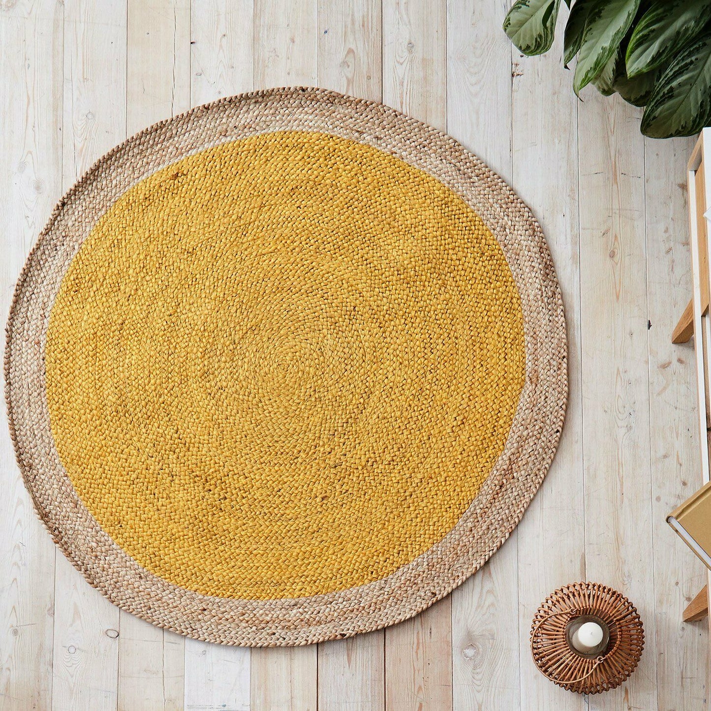 Ripaz Vogue - Rug Round in Jute Hand Braided Rustic Look Rug Yellow with Beige Border