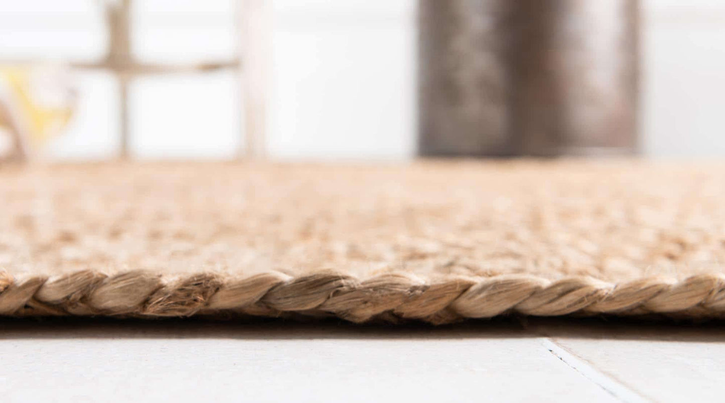 Ripaz Vogue Jute Rug Natural Jute Hand Braided Oval Shape Area Rug Hallway Rug Living Room Rug, Color - Beige + White Line