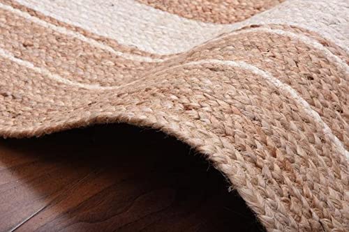 Ripaz Vogue Jute Rug Natural Jute Hand Braided Oval Shape Area Rug Hallway Rug Living Room Rug, Color - Beige + White Line