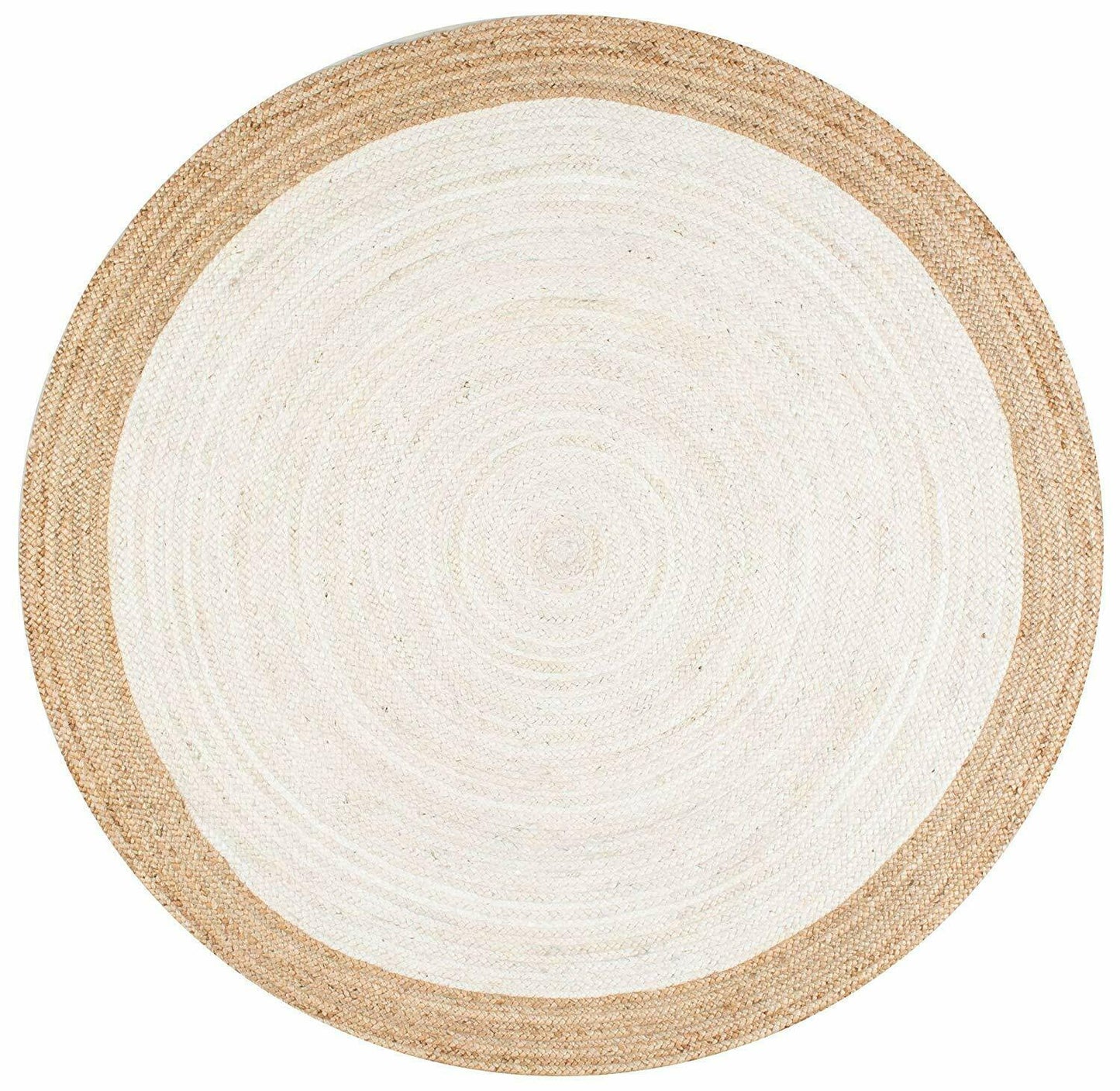 Ripaz Vogue - Rug Round in Jute Hand Braided Rustic Look Rug White with Beige Border