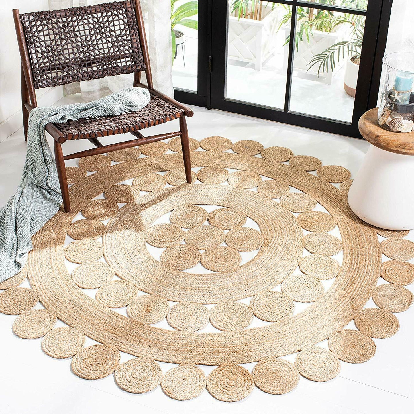 Ripaz Vogue - Runder Teppich aus Jute, handgeflochten, rustikaler Look, gelb mit natürlichem Rand