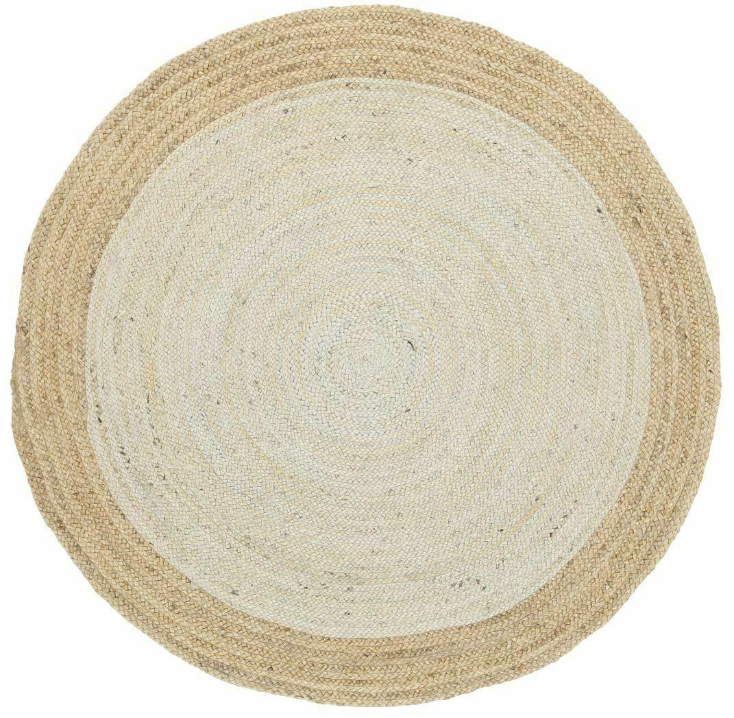 Ripaz Vogue - Rug Round in Jute Hand Braided Rustic Look Rug White with Beige Border