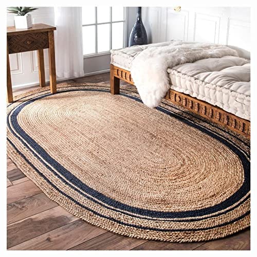 Ripaz Vogue Jute Rug Natural Jute Hand Braided Oval Shape Area Rug Hallway Rug Living Room Rug, Color - Beige + White Line