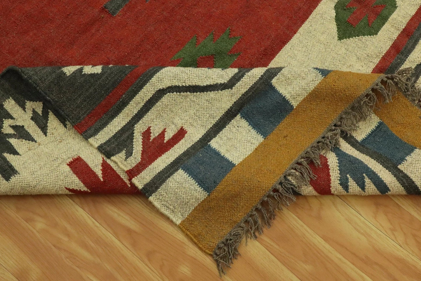 Wool Jute Rug Kilim Traditional Rustic Look Dhurrie Living Room Bedroom Carpet (KLM-70)