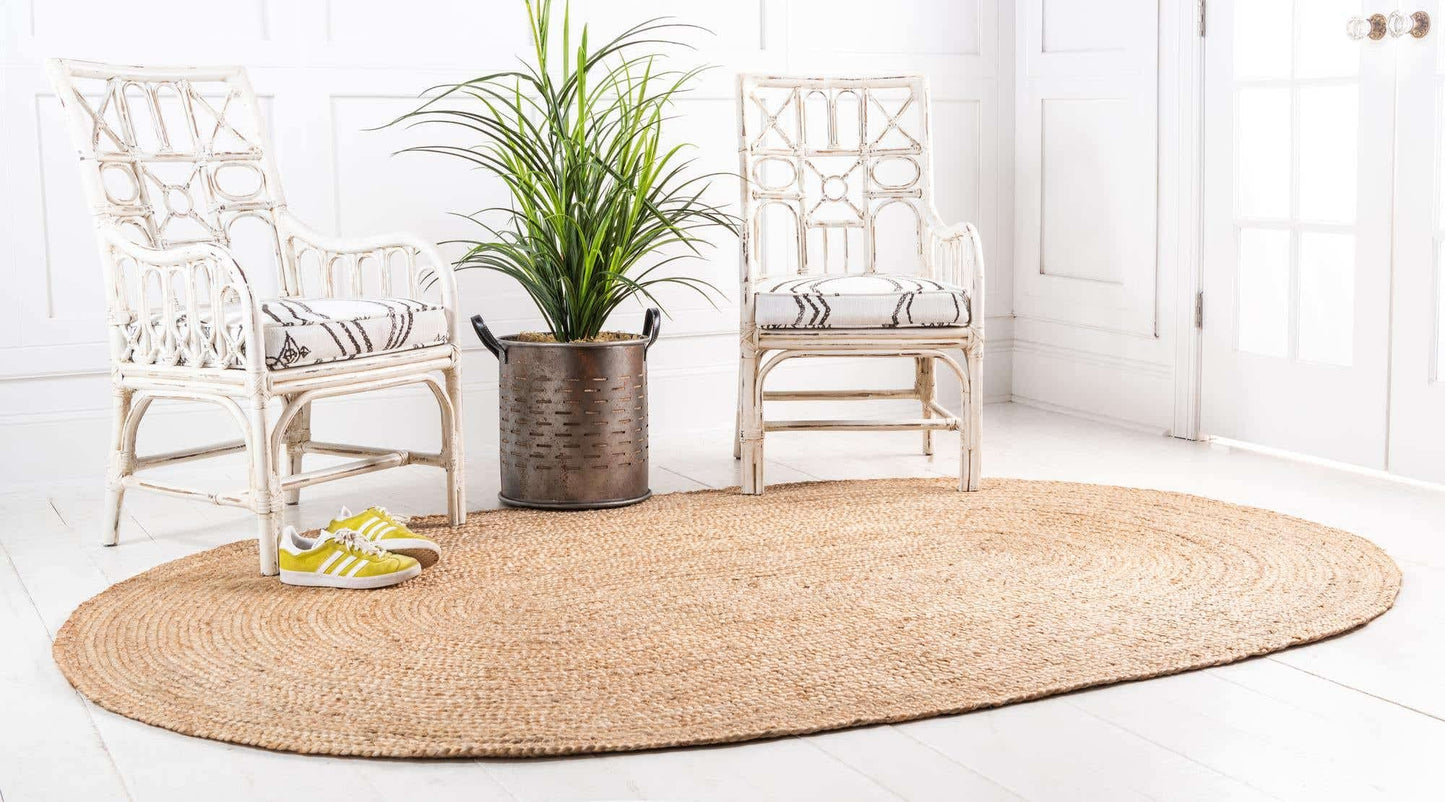 Ripaz Vogue Jute Rug Natural Jute Hand Braided Oval Shape Area Rug Hallway Rug Living Room Rug, Color - Beige + White Line