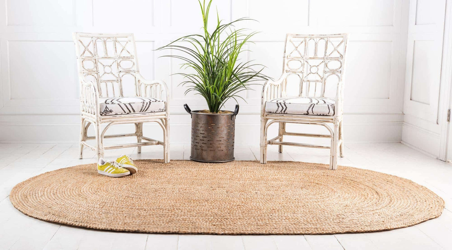 Ripaz Vogue Jute Rug Natural Jute Hand Braided Oval Shape Area Rug Hallway Rug Living Room Rug, Color - Beige + White Line