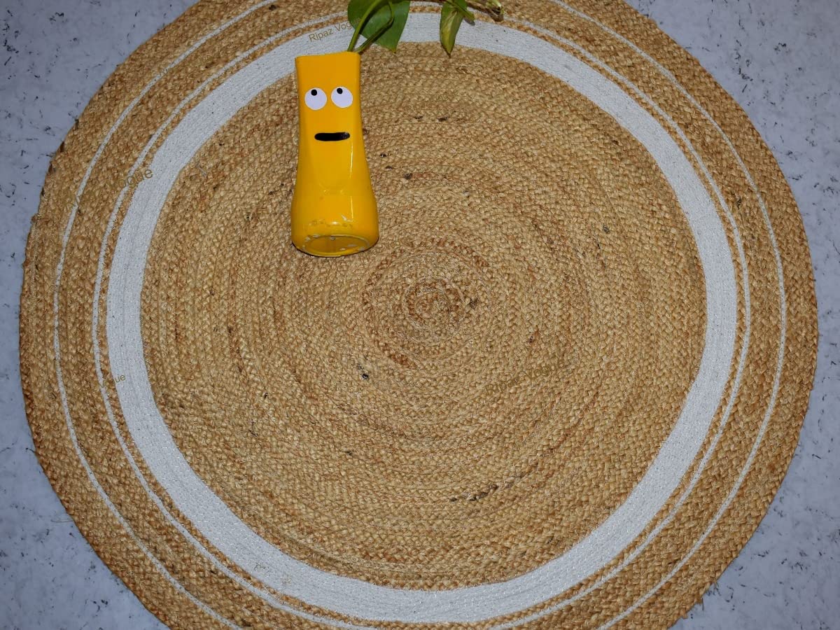 Ripaz Vogue - Jute Area Rug Round Hand Braided Farmhouse Jute Door Mat Beige with White Line Border