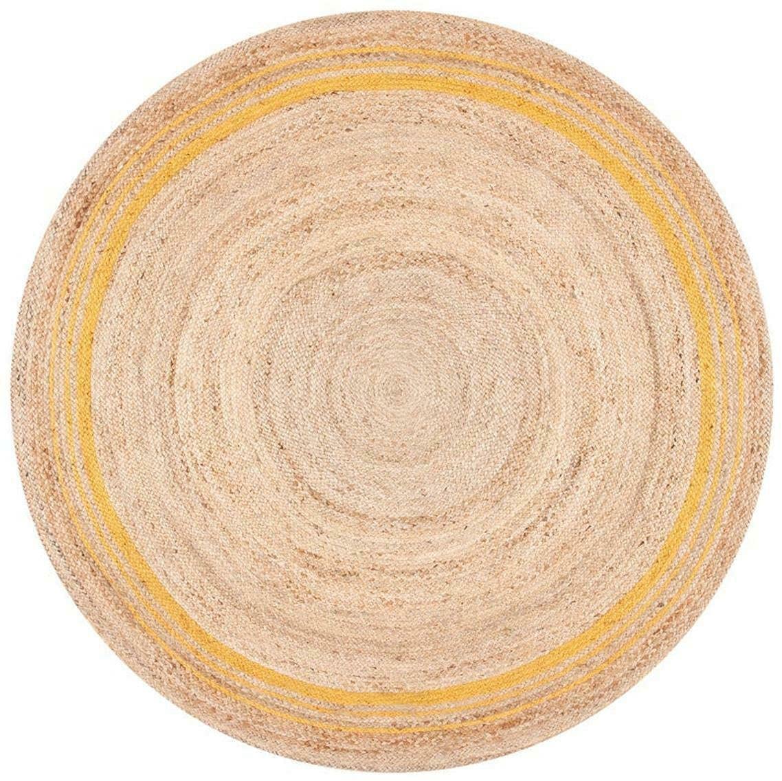 Ripaz Vogue - Rug Round in Jute Hand Braided Rustic Look Area Rug Beige with Yellow