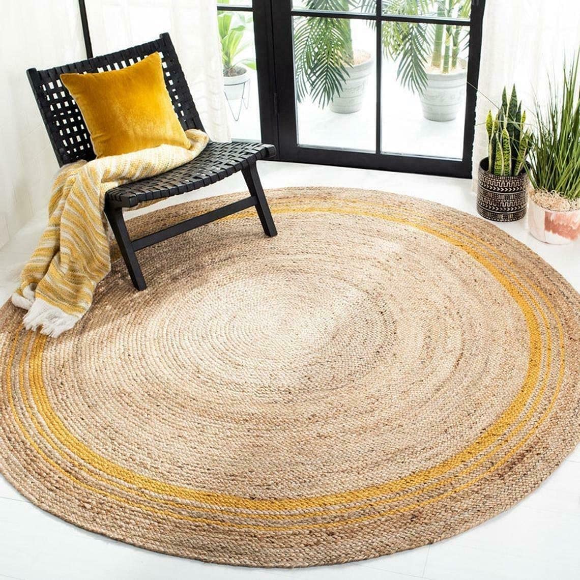 Ripaz Vogue - Rug Round in Jute Hand Braided Rustic Look Area Rug Beige with Yellow