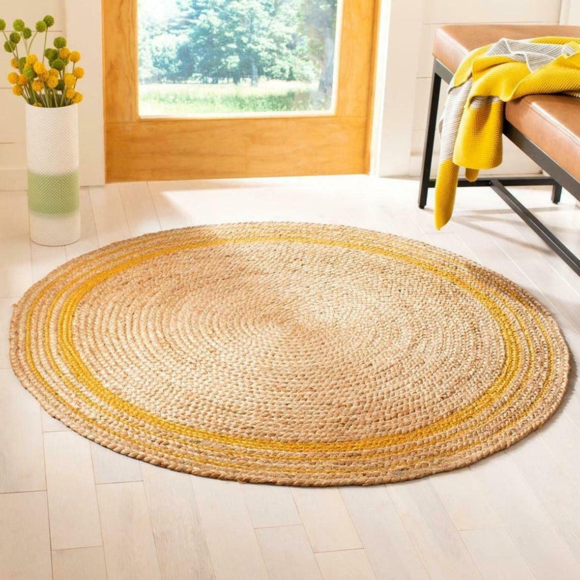 Ripaz Vogue - Rug Round in Jute Hand Braided Rustic Look Area Rug Beige with Yellow
