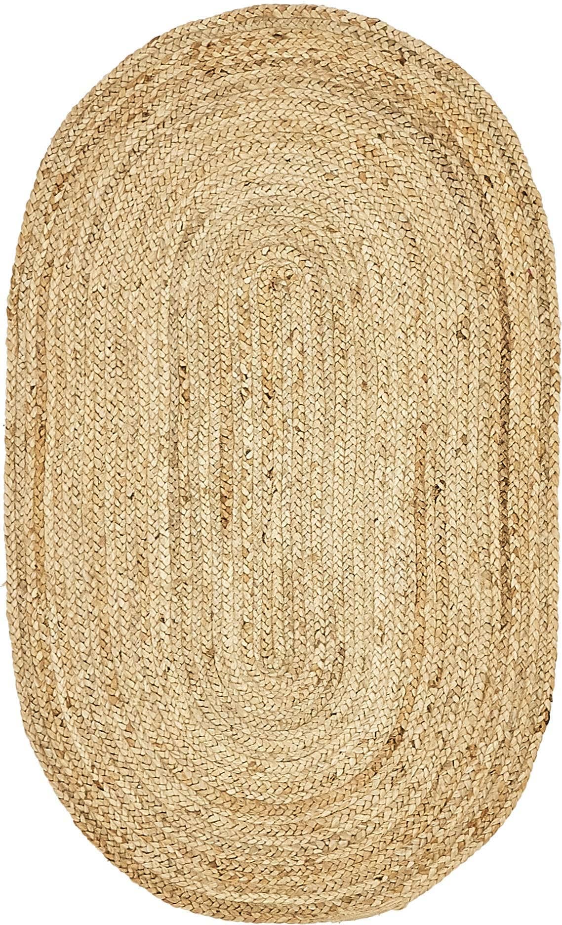 Ripaz Vogue Jute Rug Natural Jute Hand Braided Oval Shape Area Rug Hallway Rug Living Room Rug, Color - Beige + White Line