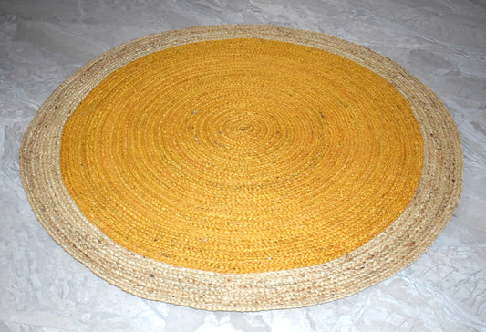 Ripaz Vogue - Rug Round in Jute Hand Braided Rustic Look Area Rug Yellow with Natural Border
