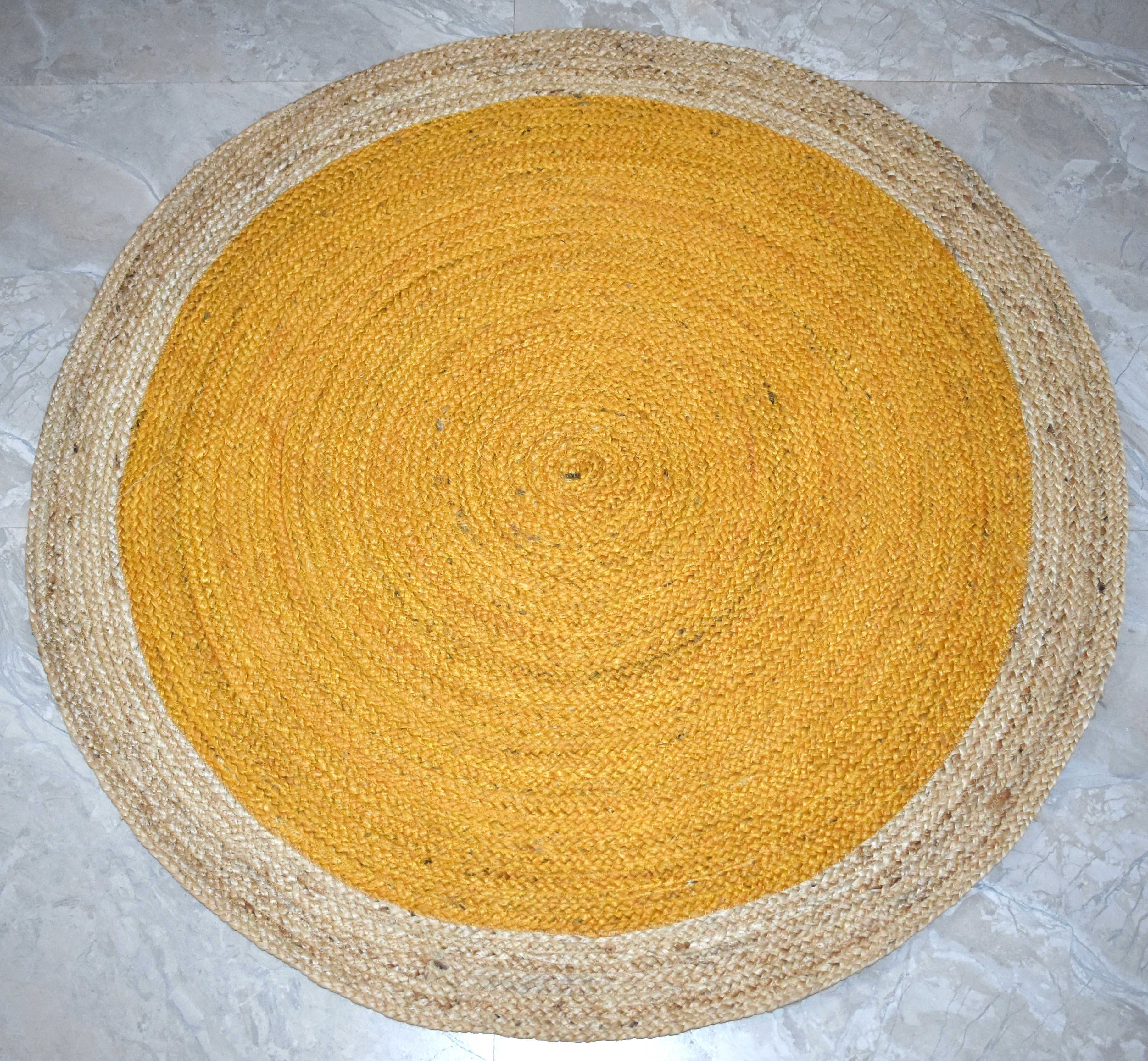 Ripaz Vogue - Tapis rond en jute tressé à la main aspect rustique beige avec bordure jaune 
