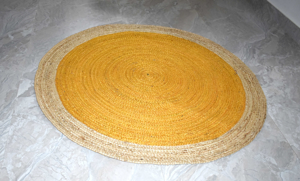 Ripaz Vogue - Tapis rond en jute tressé à la main aspect rustique beige avec bordure jaune 