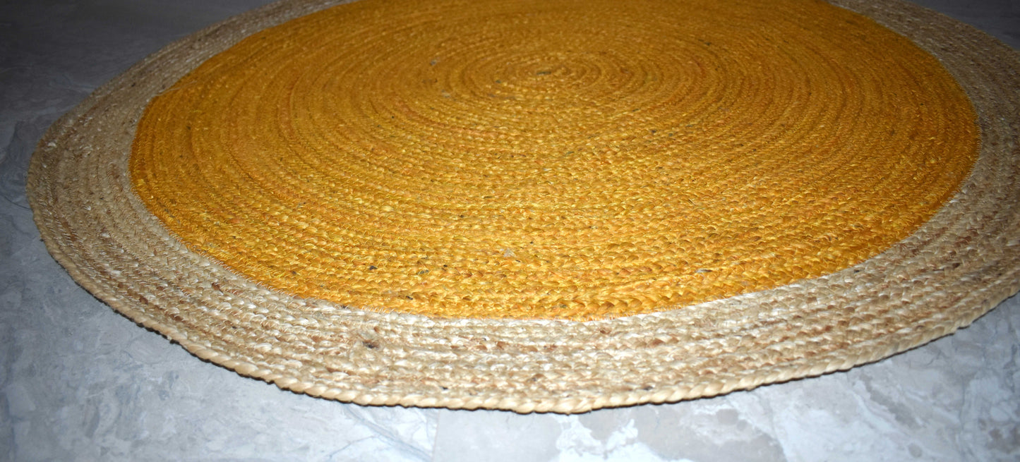 Ripaz Vogue - Rug Round in Jute Hand Braided Rustic Look Area Rug Yellow with Natural Border