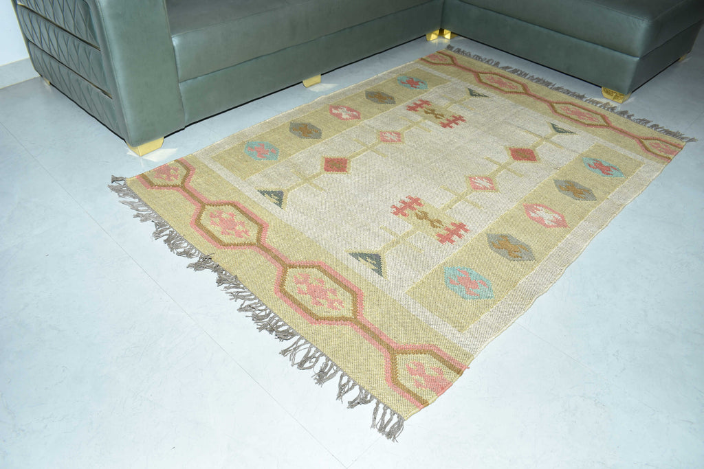 Wool Jute Rug Kilim Traditional Rustic Look Dhurrie Living Room Bedroom Carpet (KLM-04)