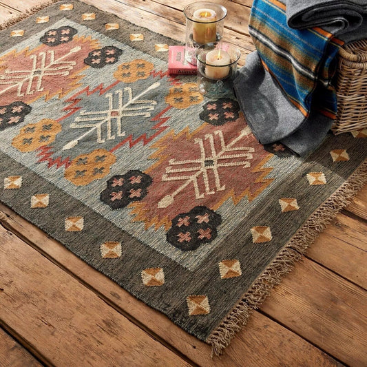 Wool Jute Rug Kilim Traditional Rustic Look Dhurrie Living Room Bedroom Carpet (KLM-80)