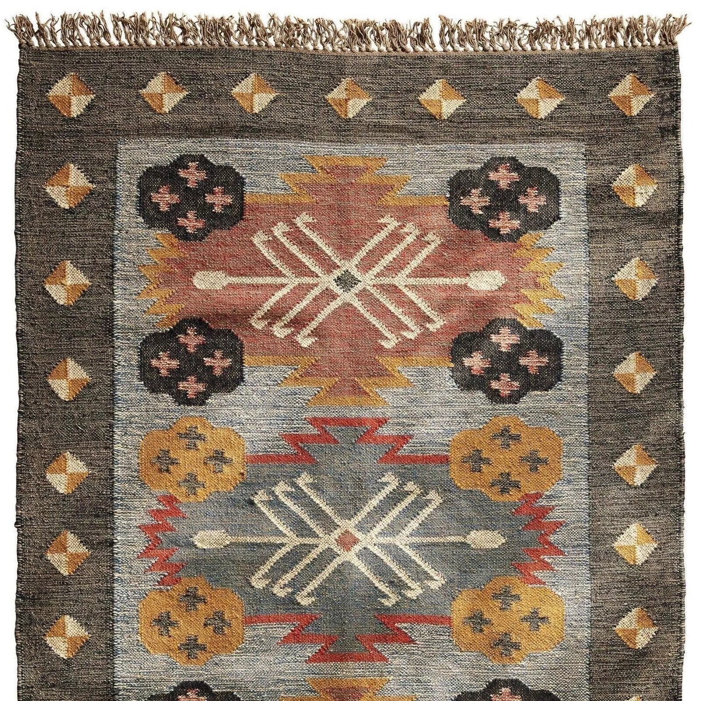 Wool Jute Rug Kilim Traditional Rustic Look Dhurrie Living Room Bedroom Carpet (KLM-80)