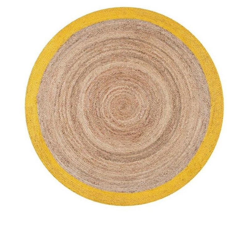 Ripaz Vogue - Tapis rond en jute tressé à la main aspect rustique beige avec bordure jaune 