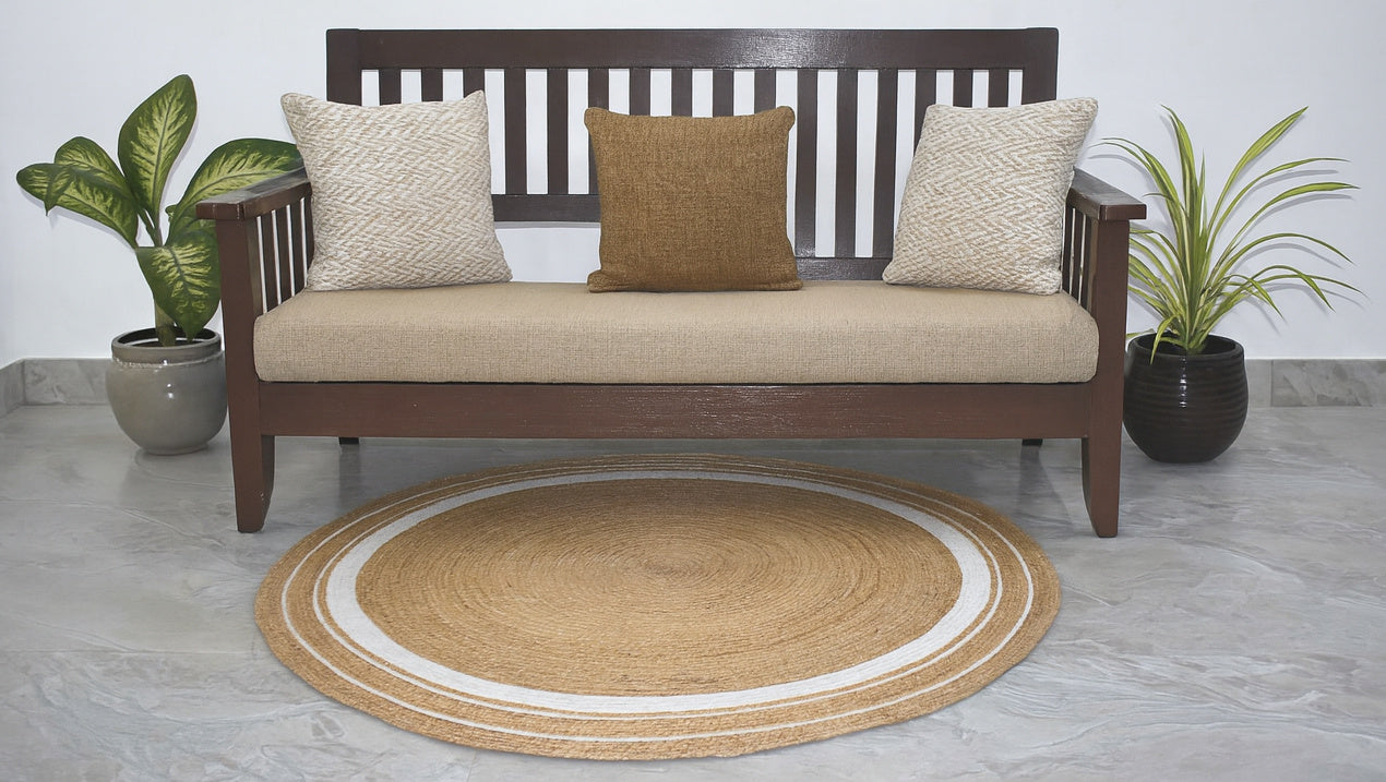 Ripaz Vogue - Tapis rond en jute tressé à la main - Paillasson de ferme en jute beige avec bordure en ligne blanche 