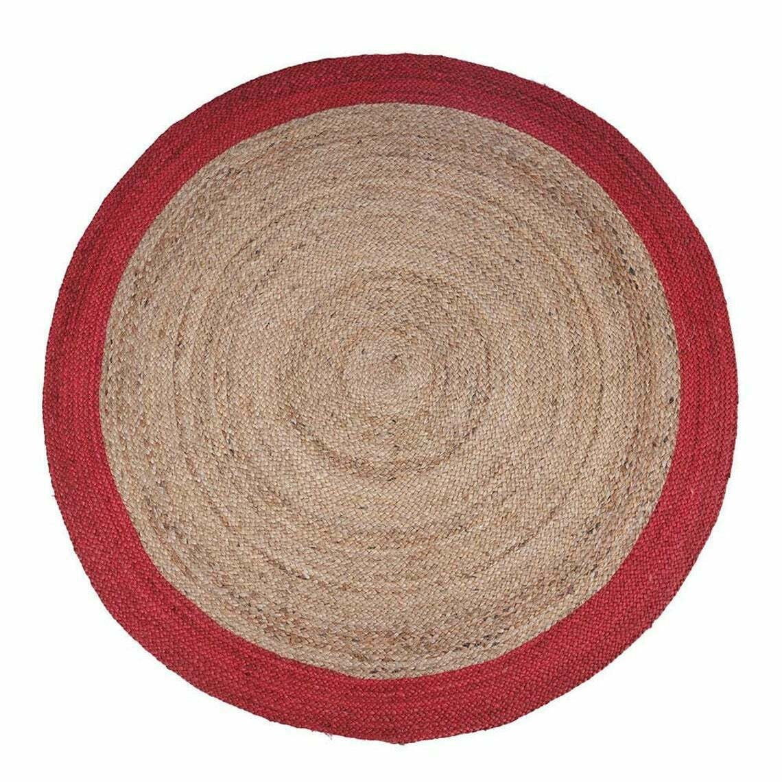 Ripaz Vogue - Tapis rond en jute tressé à la main aspect rustique beige avec bordure rouge 