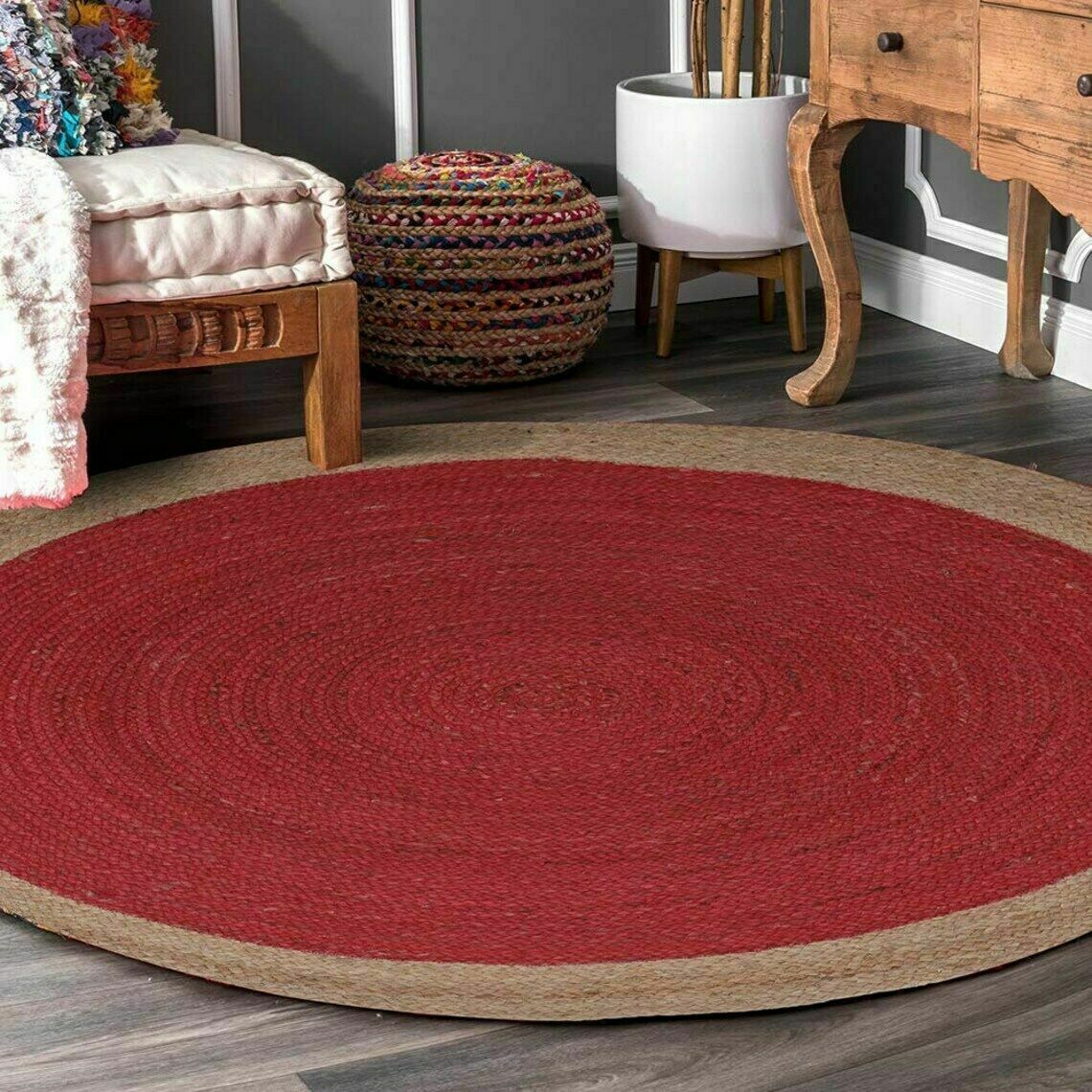 Ripaz Vogue - Tapis rond en jute tressé à la main, aspect rustique, rouge avec bordure beige 