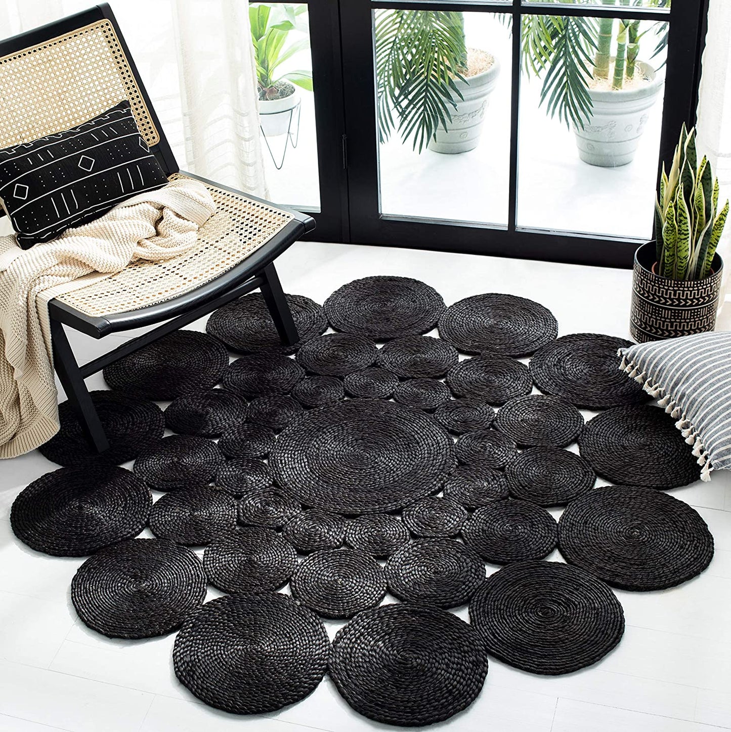 Jute Rug Round Circle Design Braided Jute Area Rug, Black
