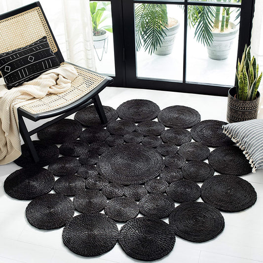 Jute Rug Round Circle Design Braided Jute Area Rug, Black